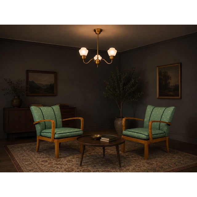 Swedish Mid-Century Modern, Lounge Chairs, Hardwood, Fabric, Sweden, 1940s Pair of light hardwood and fabric lounge chairs...