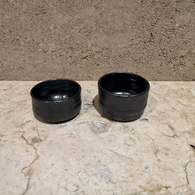 Late 20th Century 1980s Glazed Black Seto Art Pottery Matcha Tea Bowls For Sale - Image 5 of 8