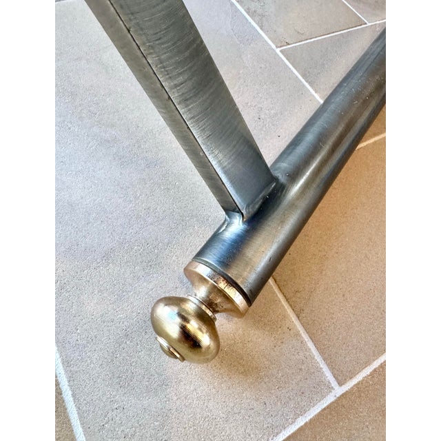 Camel Pair of Late 20th Century Maison Jansen Style Brushed Steel, Brass and Nubuck Leather X-Frame Stools For Sale - Image 8 of 9