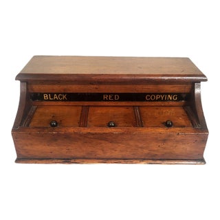 English 19th C Mahogany & Reverse Painted Glass 3 Jar Desk Inkwell For Sale