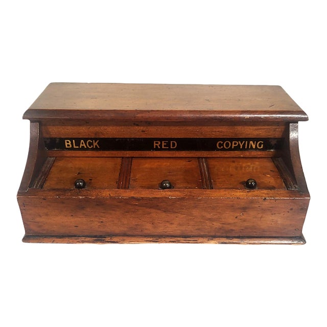 English 19th C Mahogany & Reverse Painted Glass 3 Jar Desk Inkwell For Sale