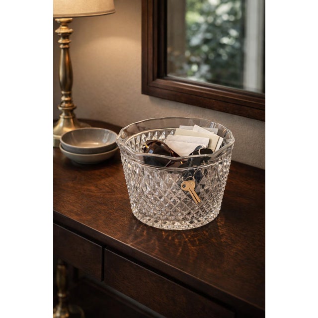 Vintage Pressed Glass Ice Bucket / Diamond Cut Catchall Bowl – 6.5” Hobstar Pattern For Sale In Los Angeles - Image 6 of 6
