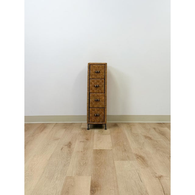 Hollywood Regency Wicker Parquetry Apothecary Narrow Four Drawer Chest Metal Base Coastal For Sale - Image 3 of 10