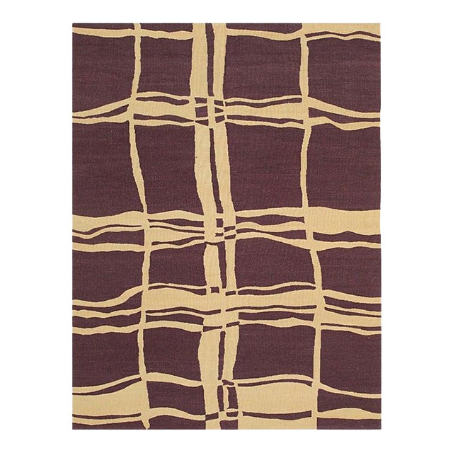 6x8 Purple Flat Weave Wool Wavy Gridwork Geometric Modern Carpet Rug For Sale