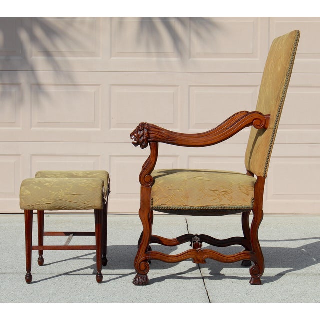 Antique French Louis XIV Style Armchair & Ottoman Set - Mid 19th Century Carved Lion Head Throne Chair With Original Yellow Upholstery For Sale - Image 4 of 18