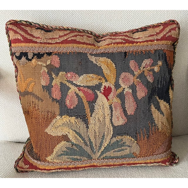 French Country Antique 19th Century French Aubusson Floral Botanical Tapestry Pillow For Sale - Image 3 of 8