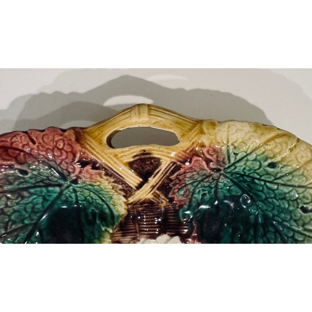 French Country Late 19th Century Double Handled Majolica Hand-Painted Tray With Sunflower and Leaves For Sale - Image 3 of 5
