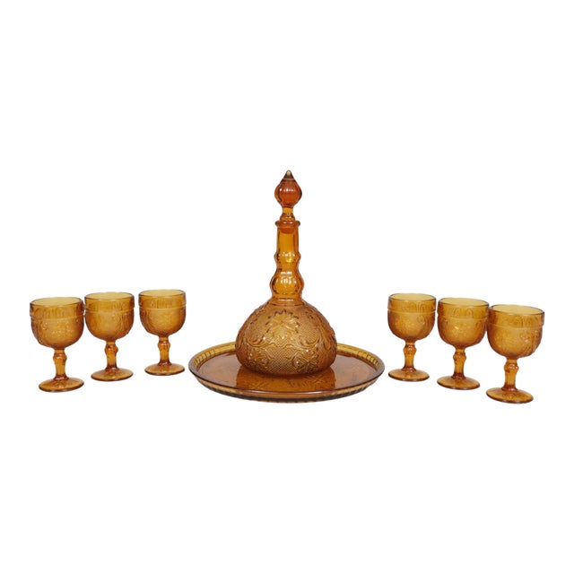 Indiana Glass Amber Decanter Set, 8 Pieces For Sale