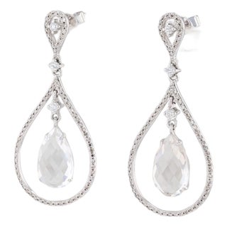 New Quartz & Diamond Halo Teardrop Earrings 14k White Gold Pierced Dangles, Pair For Sale