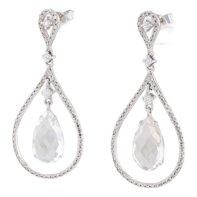 New Quartz & Diamond Halo Teardrop Earrings 14k White Gold Pierced Dangles, Pair For Sale
