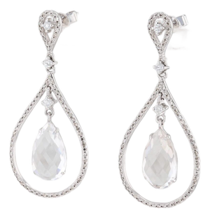 New Quartz & Diamond Halo Teardrop Earrings 14k White Gold Pierced Dangles, Pair