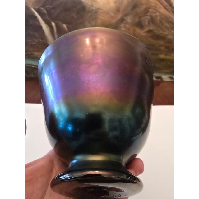 Glass Vintage Tiffany Style Iridescent Magenta Bowl Signed For Sale - Image 7 of 11