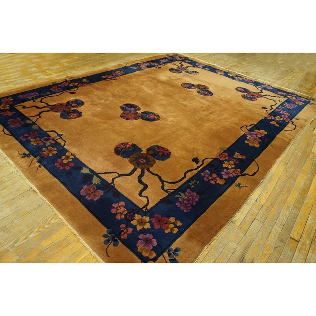 Antique Art Deco Room Size Wool Blue and Yellow Rug, Country of Origin: China, Circa Date: 1920s. This exceptional piece...
