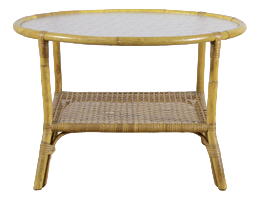 Round Bamboo and Rattan Coffee Table with Glass Top and Woven Shelf, 1950s