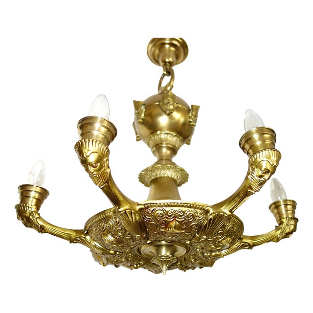 Antique French Brass 6-Light Putti Chandelier, 1940s For Sale