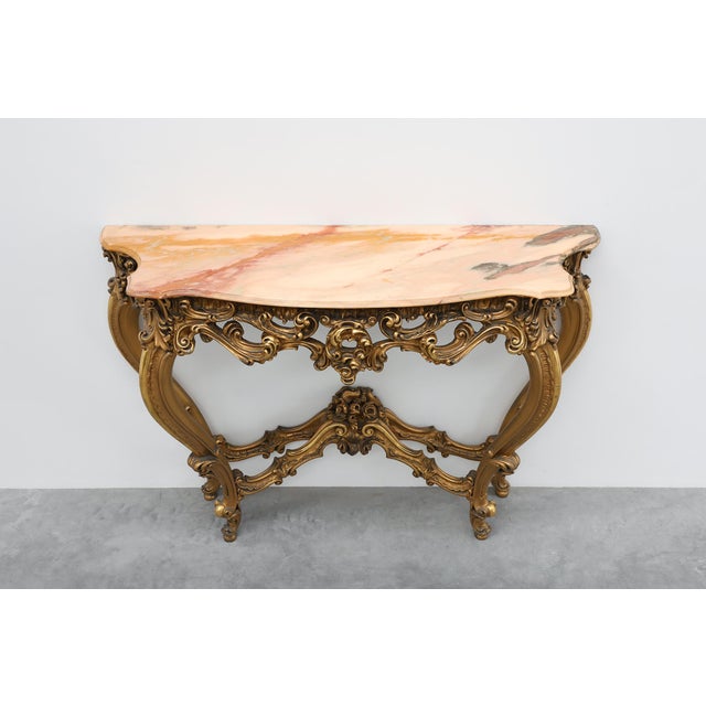 Red Louis XV Rococo Style Carved Gilt Console Table with Rose Marble Top, Italy, 1950s For Sale - Image 8 of 16
