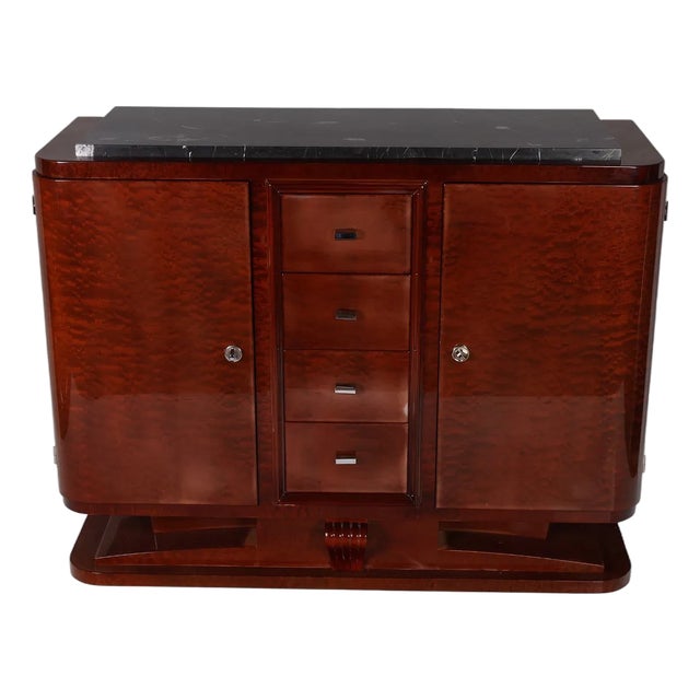 1920s French Art Deco Marble Top Walnut Sideboard Buffet For Sale