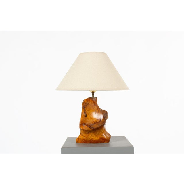 This unique free-form table lamp was handcrafted in France during the 1950s. It features a sculptural base carved from a...