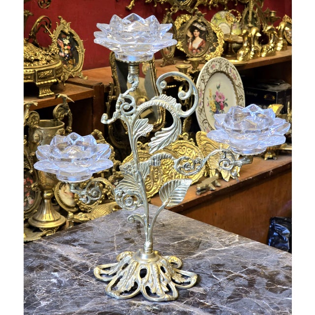 Luxury Brass & Crystal Pedestal Serving Stand for Elegant Entertaining For Sale - Image 4 of 5