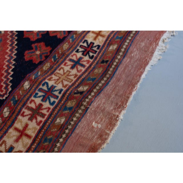 Antique Caucasian Geometric Floral Medallion Navy Red Rug Wool Low Pile Hand-Knotted - 4’2” X 6' For Sale In Los Angeles - Image 6 of 10