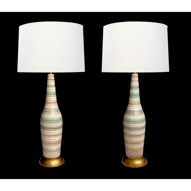 Mid-Century Modern Tall Pair 1960s Bottle-Form Striped Ceramic Lamps With Crackle Glaze Finish For Sale - Image 3 of 10
