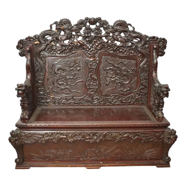 Antique Oriental Heavily Carved Asian Hall Bench For Sale