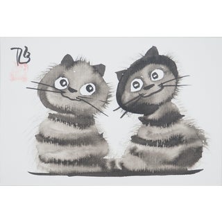 Laszlo Tibay, Chatons complices, Ink & Wash Drawing For Sale