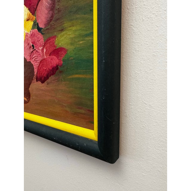 Bottle Green Vintage Mid Century Impressionist "Poppy" Floral Still Life Original Oil Framed Painting in Bottle Green, Dark Pink & Canary Yellow For Sale - Image 8 of 12