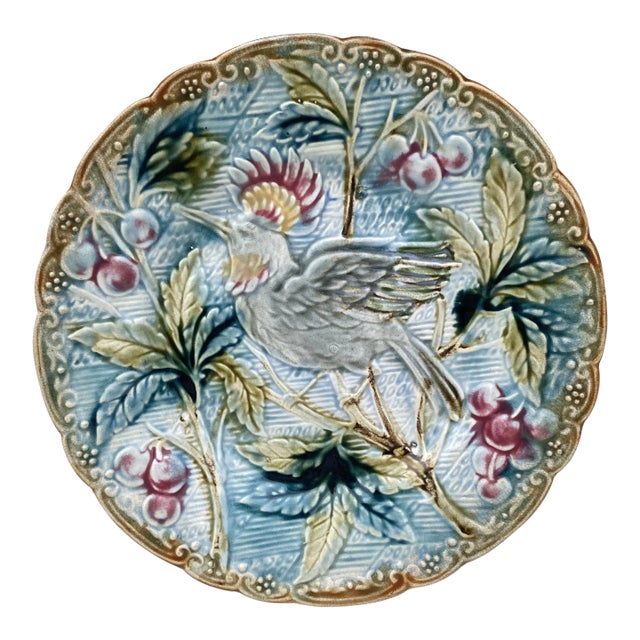 Majolica Bird With Cherries Plate Wasmuel, Circa 1890 For Sale