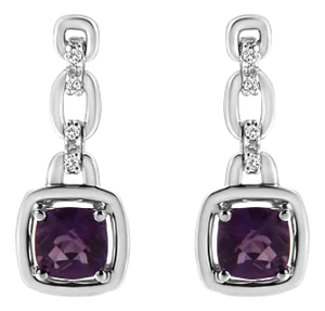 .925 Sterling Silver 6x6MM Cushion Shaped Natural Purple Amethyst and Diamond Accent Drop and Dangle Earrings (I-J Color, I1-I2 Clarity) - 2 Pieces