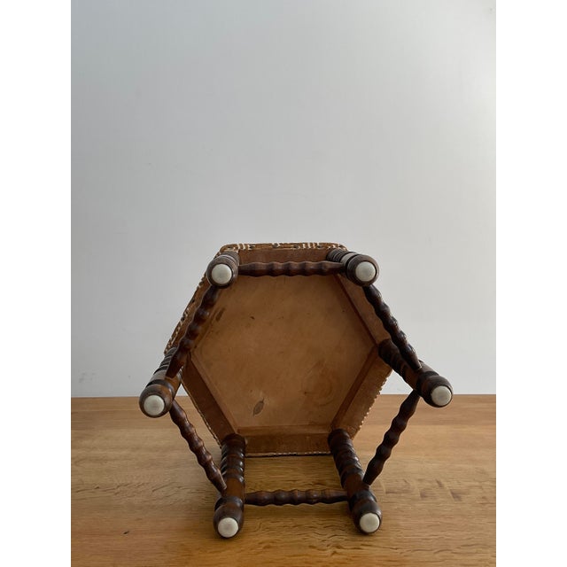 Vintage Hexagonal Bobbin Leg Footstool in Schumacher Lisboa Velvet For Sale - Image 11 of 11