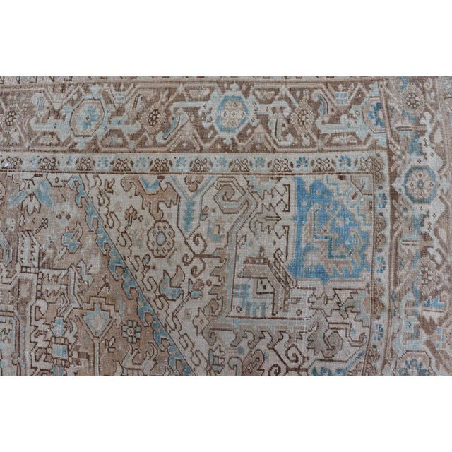 Textile Early 20th Century Antique Persian Heriz Rug With Geometric Design in Taupe, Tan, Brown and Lt Blue For Sale - Image 7 of 13