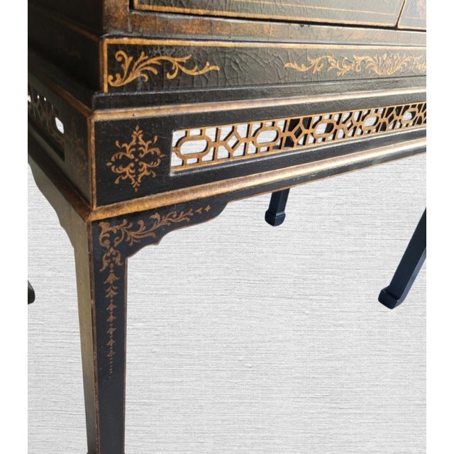 1980s Vintage Chinoiserie Massive Black Bronze Hand Painted Garden Pagoda Scene Fretwork Storage/Tv Cabinet For Sale - Image 5 of 15