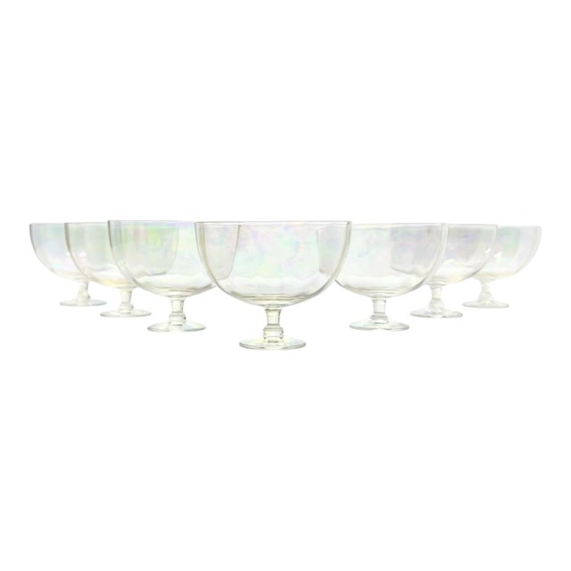 1970s 7 Lustre Iridescent Rainbow Pearl Optic Coupe Champagne Glasses For Sale