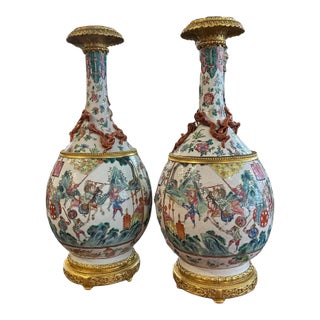 Pair 19th Century Gagneau & Fils Chinese Porcelain Oil Lamps For Sale