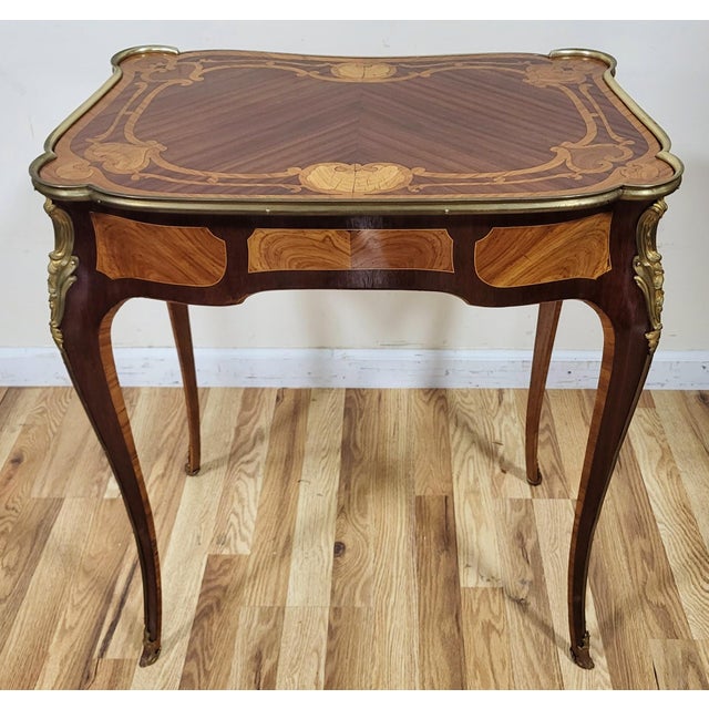 Wood Antique French Louis XV Inlaid & Bronze Mounted Diminutive Writing Lady's Desk For Sale - Image 7 of 18