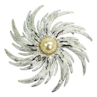 Vintage Designer Silver Pearl Brooch 1960s For Sale