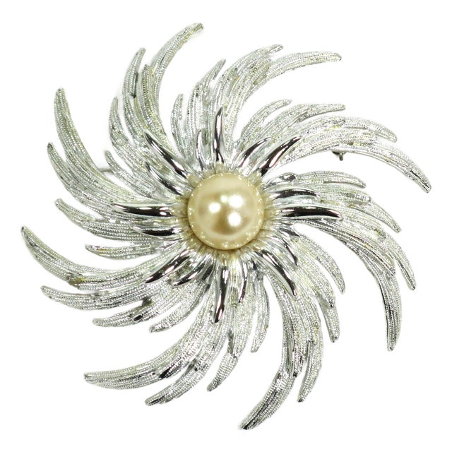 Vintage Designer Silver Pearl Brooch 1960s For Sale