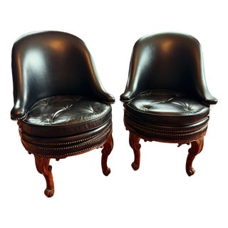 Pair of Maitland Smith Leather Swivel Chairs For Sale