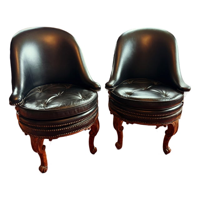Pair of Maitland Smith Leather Swivel Chairs For Sale