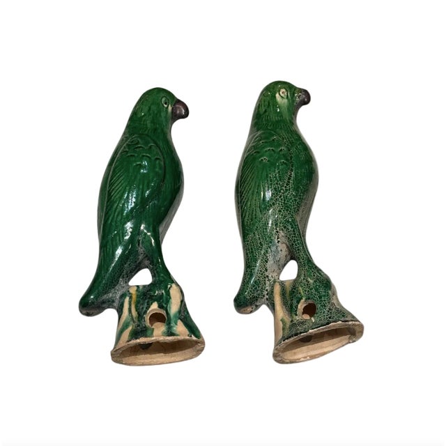 Beautiful pair of parrots, 100+ years old, no maker's mark, Chinese export; each parrot differs slightly as they are...