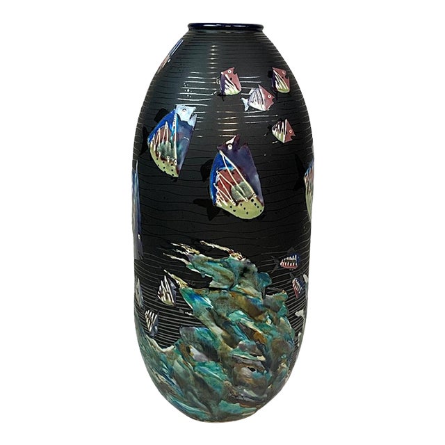 Large Studio Art Pottery Vase by Michael Alvord Remsen, Fish Motif, Signed 1998 For Sale