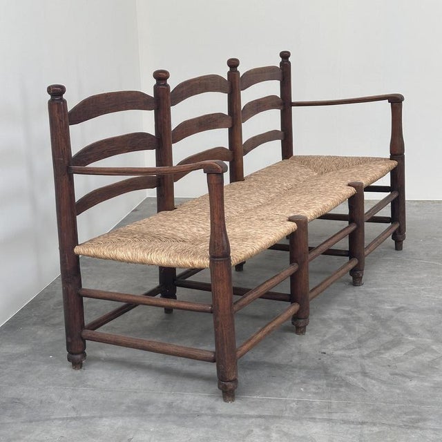 Contemporary Antique French Provincial Radassier Bench in Oak with Rush Seat, France For Sale - Image 3 of 16