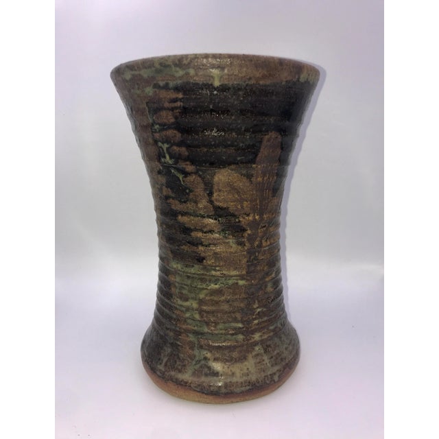 Multi level earth tone glaze signed studio pottery vase.