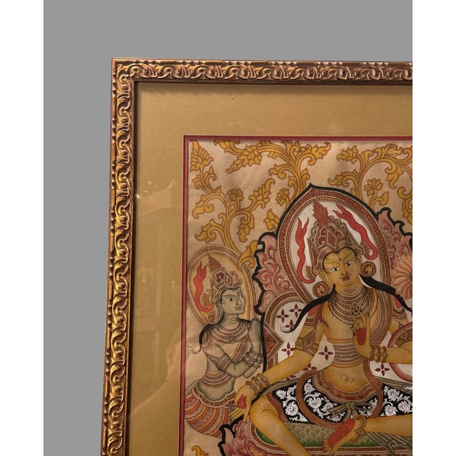 Asian Antique Antique Gilt Framed Hand Painted Tibetan Buddhist Green Tara Thangka Painting For Sale - Image 3 of 9