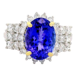 3.90 Carat Tanzanite Diamond 14k White Gold Halo Ring, Size 7 For Sale
