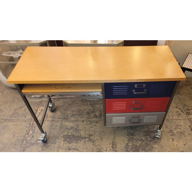 1990s Vintage Pottery Barn Three Drawer Metal Frame Wood Top Desk With Casters and Chair Chairish