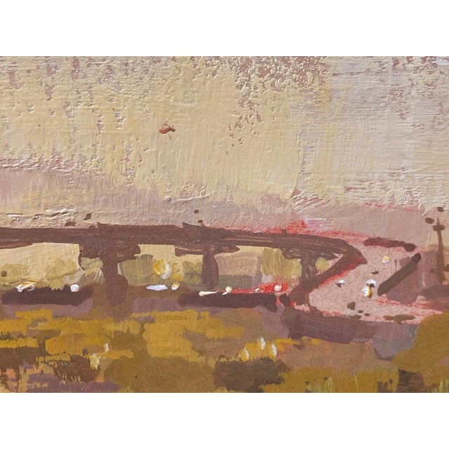 This gouache artwork captures a serene landscape beneath an overpass, where muted earth tones blend harmoniously to evoke...