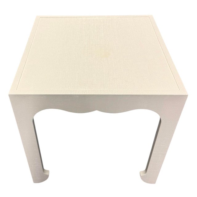 Linen wrapped white side table. Ming legs and side detailing. Lee Jofa for Kravet. Nice and heavy. Never placed in a home.