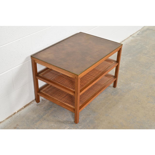 1950s Paul McCobb Irwin Collection Mahogany, Brass, and Cane Leather Top Three-Tier Side Table, 1950s For Sale - Image 5 of 11